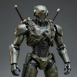 military android, gun for a head, katana arms, face, military prototype, photography, journalism, dessert