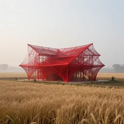 a parametric deconstructivism architecture farmhouse made of ethereal red thread and webs. the farmhouse stands in an rural american landscape with fields of wheat. designed by zaha hadid, foggy at dawn, wide camera angle