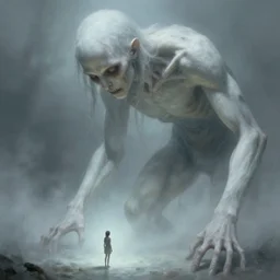 an immense beautiful terrifying pale humanoid giant bends over a tiny human. ethereal horror fantasy art by greg rutkowski