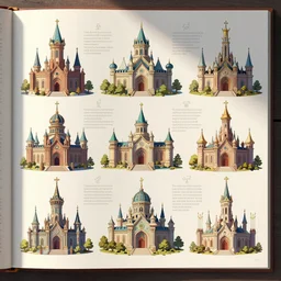 page of encyclopedia coloured clean sharp illustration : : fantasy architecture, diagrams showing various fantasy architecture styles, insanely detailed, informative texts and graphs, style of book concept art