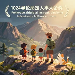 a cute cartoon of a family hiking up a mountain with a cat