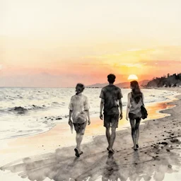 man and woman walking along the shore of the beach, sunset, ink and brush