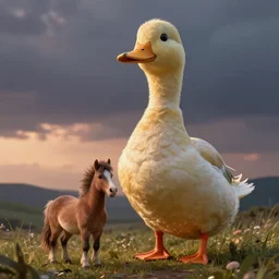a tiny horse standing next to an extremely large duck, the duck is bigger than the horse, evening light, cinematic photography, digital painting, volumetric light, concept art, trending on artstation, digital Art, fantasy art