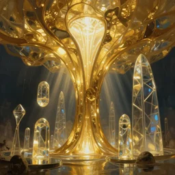 Golden organic structures, shining lights, god rays, glass structures by by Karol Bak, Ayami Kojima, Amano and zaha hadid