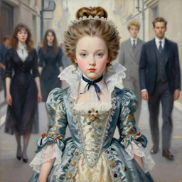 pop surrealism, lowbrow art, realistic cute marie antoinette girl painting, japanese street fashion, hyper realism, muted colours, rococo, natalie shau, loreta lux, tom bagshaw, mark ryden, trevor brown style,