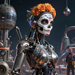 wanderer, beautiful female android!, intricate detailed environment, photorealistic!, octane render, mechanical, concept art, cinematic lighting, digital art, interstellar, hyper realism, sharp, cyberpunk, bladerunner, 8 k, el dia los muertos. by angus mckie, moebius, maciej kuciara, stanley lau, artgerm, greg rutkowski