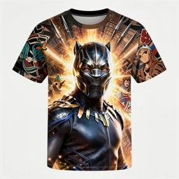 a t shirt all over print, marvel comics portrait of black panther, tribal, claws background, one piece art style, cartoon, anime, digital art
