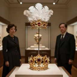 a wide full shot, russian and japanese mix 1 9 0 0 s historical fantasy of a photograph taken of a royal gold leaf tiara with intertwined white feathers, photographic portrait, warm lighting, from an official photographer from the royal museum. displayed in a museum.