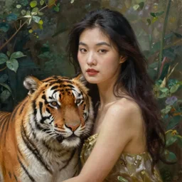 asian woman in her garden with her pet tiger, detailed oil painting