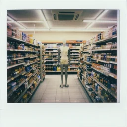 polaroid photograph of the inside of an empty convenience store, liminal space, lonely, mannequins, black mold, cinematic, 3 5 mm, raw, unedited, 4 k, hd, the fifth element