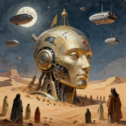 a illustration of a large head of a cyborg half buried in the desert, little people watching, sacred, peoples withs large cloaks, moon light, big ships flying through the sky, fine art, intrincate, by moebius, jean giraud & kilian eng