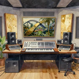a beautiful illustration of futuristic music studio, audio equipments, modular synth, big medium small, golden ratio, in watercolor gouache detailed paintings, in style of syd mead, trending on artstation, 8 k, panel, hard surface, vent, zaha hadid, props, plant, cozy, decoration around the room, simon stalenhag, deus ex