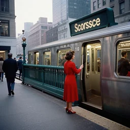 street view in america of market district at dawn. woman in red dress boarding train in subway station, from 1 9 7 6, new york. scorsese, kodachrome, fred herzog. steam. lit by neon signs. epic wide angle 2 4 mm lens panoramic view. detailed sharp photograph shot on 3 5 mm cinestill film