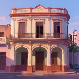 beautiful painting of cuban houses an storefront, colonial architecture, intricate and smooth colors, front view, trending in artstation, animation style, dawn light, art style by disney and pixar