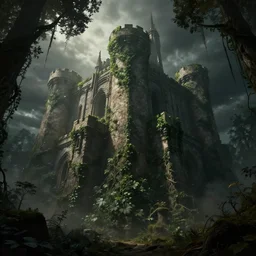 giant ancient castle in an forest with some ivy plants on the walls, cinematic, epic, dramatic lighting from above, dark, vines, fantasy, dust, unreal engine, octane, highly detailed, concept art, dark, super realistic
