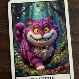 Cheshire Cat in the forest, death tarot card,highly detailed,half skull face,cinematic,8k,by Stanley Artgermm,Tom Bagshaw,Greg Rutkowski,Carne Griffiths, Ayami Kojima, Beksinski, Giger,trending on DeviantArt,hyper detailed,horror, full of colour