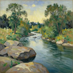a beautiful landscape, river, rocks, trees, by pablo picasso