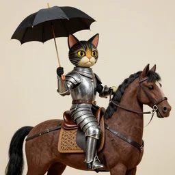 portrait of a proud and fashionable antique cat puppet on a horse wearing armor and holding an umbrella, by max ernst and alfred pellan