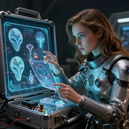 beauty young space woman analysing in a hologram with alien artifacts, mechanical case display, 80s Aliens tech, ultrarealistic, dramatic lighting, electrical details, high details, 4k, 8k, best, accurate, trending on artstation, artstation, photorealism, ultrarealistic, digital painting, style of Peter Mohrbacher and Boris Vallejo and Wayne barlowe
