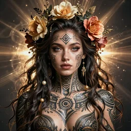 balanced portrait with tattoos on the face mystical symbols on the body long beautiful flowers in the hair, intricate, digital art, karol bak