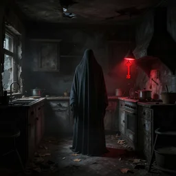 A ghostly figure, standing in the middle of a ruined, abandoned, polish mansion kitchen, seen from inside. Pitch black darkness, A strong red keylight is the only lightsource. Smoke. Dirt, leaves on ground. Octane render. Substance painter. Zbrush. Trending on artstation. 8K. Highly detailed.