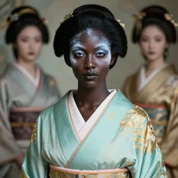 dreamlike luxury stunning gorgeous black skin woman fairy portrait, pale turquoise and gold kimono, art by artgerm, wlop, loish, ilya kuvshinov, 8 k hyperrealistic, hyperdetailed, beautiful lighting, detailed background, depth of field, symmetrical face, frostbite 3 engine, cryengine,
