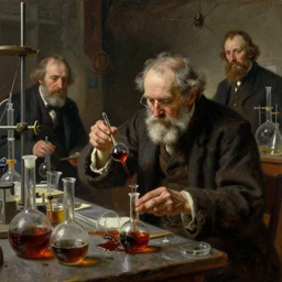 in the styles of Thomas Eakins, Adolph Friedrich Erdmann von Menzel, Vasily Surikov , H.R. Giger. A photograph of an old alchemist working in dusty old laboratory with flasks and glassware and spilling substances, photograph by Greg Rutkowski. Hyper-realism, chemistry, caustics, liquids, acids, photography