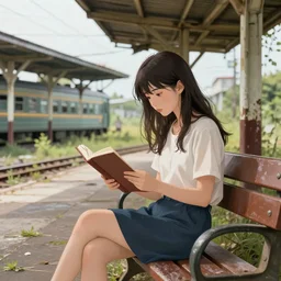 a beautiful girl sitting on a bench reading at an abandoned overgrown train station, old train station, establishing shot, digital anime painting. ross draws, ross tran, trending on arstation detailed anime illustration, detailed stylized portrait, details, detailed artwork