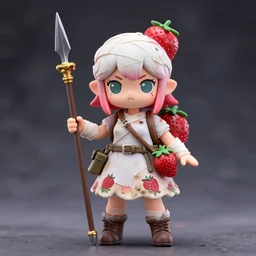 a dramatic femo figurine of a cute funny spear wielding strawberry fairy survivalist with bandages wearing a dirty floral torn strawberry dress featured on the walking dead by kentaro miura and gamesworkshop, carrying survival gear, wearing strawberry backpack, using a modelling knife as a spear, dark foreboding atmosphere, 🎀 🗡 🍓 🧚