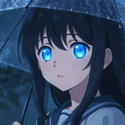 key anime visual of a girl with glowing blue eyes; rain falling; close up shot; trending on Pixiv