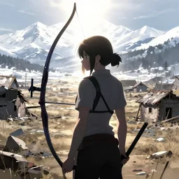 archer girl with black hair, ruined village with the snowy mountains in the background, a half body illustration, backlit, harsh overhead sunlight, art by sakimichan