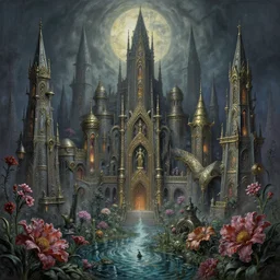 dwarven metropolis of water and flowers. airbrush and metallic paints by award - winning visual novelist, gothic horror, impressionism, intricate details, depth of field, backlighting
