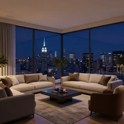 ultra realistic 3 d living room room render with floor to ceiling windows and view of new york, night time, at night, digital photography, octane, unreal engine