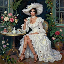 happy very thick paint brush strokes paint texture full body very worn out very rusty fashion model kendall jenner by Jeremy Lipking by Hasui Kawase by Richard Schmid (((smokey eyes makeup eye shadow fantasy, glow, shimmer as victorian woman in a long white frilly lace dress and a large white hat having tea in a sunroom filled with flowers, roses and lush fern flowers ,intricate, night, highly detailed, dramatic lighting))) , high quality