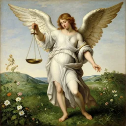 archangel holding a scale in a flower meadow, renaissance oil painting
