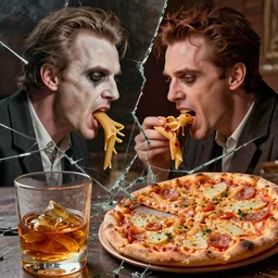 the best lack all conviction while the worst are full of passionate intensity, battle of pasta versus pizza, insanely detailed and intricate, hyperrealistic, seen through broken glass of whiskey, jekyll and hyde