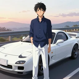 aesthetic anime portrait illustration of ryosuke takahashi with black hair, dark blue shirt and white pants, standing by his white glossy mazda rx 7 on an empty highway at sunrise, cinematic lighting, initial d anime 1 0 8 0 p, 9 0 s anime aesthetic, volumetric lights, rule of thirds, unreal engine 5 render, pinterest wallpaper, trending on artstation