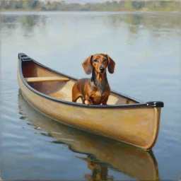 a brown dachshund looking out of a long canoe, detailed painting, weiner dog, oil on canvas, adorable, reflective water, wide angle shot