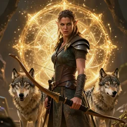 cinematic bust portrait of one Photorealistic single powerful angry female D&D elf ranger holding a longbow, with a pet wolf.  Magical occult photorealism, UHD, amazing depth, glowing, golden ratio, 3D octane cycle unreal engine 5, volumetric lighting, cinematic lighting, cgstation artstation concept art