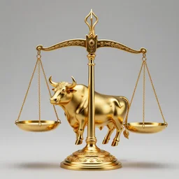 photo of a gold bull holding up ancient and magnificent golden scales of balance, realistic, sharp focus, 8 k high definition, insanely detailed, intricate, elegant, art by stanley lau and artgerm