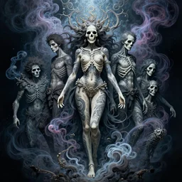 goddess of death with full body tattoos, by petros afshar, ross tran, peter mohrbacher, tom whalen, nekro borja, underwater psychedelic smoke, highly detailed, intricate, elaborate, illustration, sharp focus, artstation