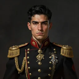 portrait of stoic looking very handsome peruvian soldier, military uniform, black hair, thick eyebrows, fantasy, intricate, elegant, highly detailed, centered, dark, smokey, digital painting, artstation, concept art, smooth, sharp focus, illustration, art by artgerm and greg rutkowski and alphonse mucha