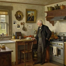last day of an old man, old house kitchen, memories on the wall by sergeant and thomas cole, oil painting, hyper detailed, masterpiece 4 k