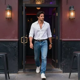 a beautiful artwork of a man in jeans and white shirt entering a nightclub, by Jerome Opeña, featured on artstation