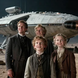 extra sharp, detailed, from blockbuster sci fi 8 k color movie frame, set in 1 8 6 0, family standing in front of a crashed spaceship, on alien planet, looking happy, wearing 1 8 5 0 s era clothes, atmospheric lighting, in focus, reflective eyes, 3 5 mm macro lens, live action, nice composition, good photography, clear facial details