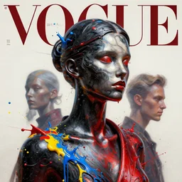 3 d, marble head of fashion model with liquid black and red metal, vogue cover style, paint splatters, blue and yellow and red paint splashes, paint drops whirling in the air, 3 d poster art, high detail, 3 d intricate oil painting, multiple exposure, stanley kubrick mood, hyperrealism, 3 d, by tooth wu and wlop and beeple and greg