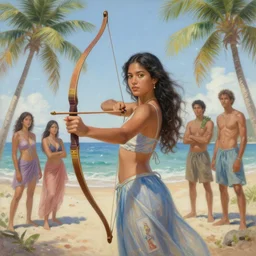 a ultradetailed beautiful painting of a latina brazilian girl holding a bow in the beach by hsiao ron cheng, ngai victo, nivanh chanthara jean delville wlop and dougherty patrick, trending on artstation, mediterranean, palm trees, light sparkles, major arcana sky, sharp focus, soft light