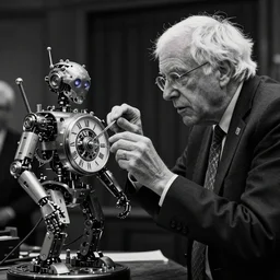 bernie sanders putting the finishing touches on a complex magical clockwork doomsday robot, black and white photo, cinematic moody lighting, sharp focus