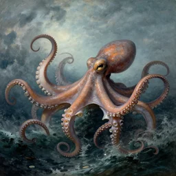 giant octopus with tentacles wildly thrashing around in a stormy ocean, by jmw turner