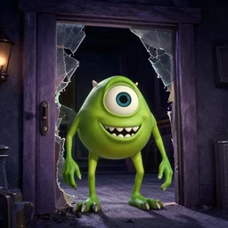 still of mike wazowski on the broken door in the shining movie